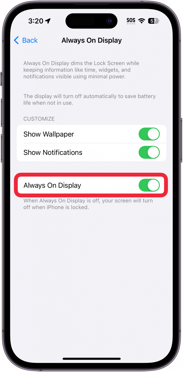 iphone always on display settings with a red box around always on display toggle