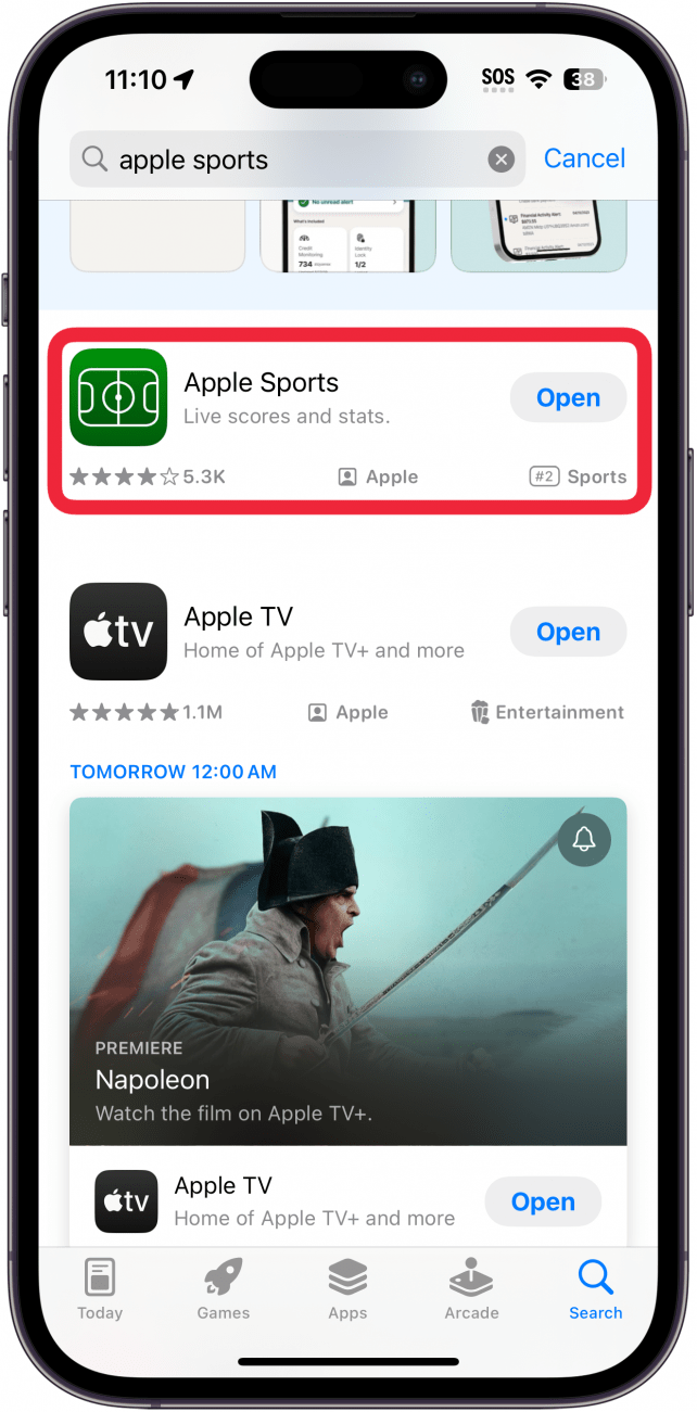 iphone app store search results with a red box around the sports app