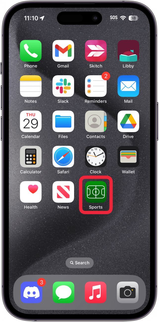 iphone home screen with a red box around the sports app