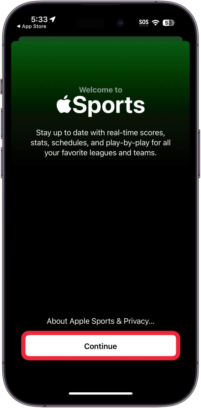 iphone sports app with a red box around the continue button