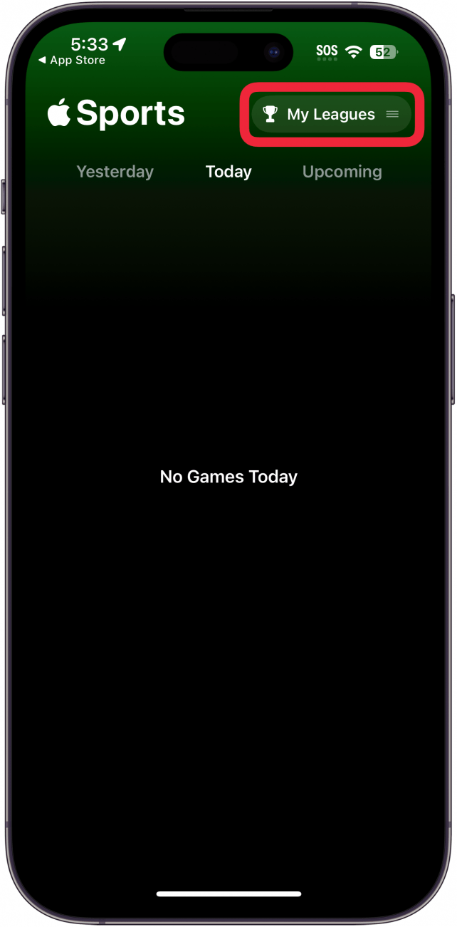 iphone sports app with a red box around the my leagues button