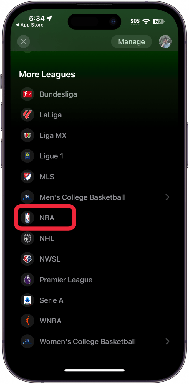 iphone sports app displaying leagues and teams with a red box around NBA