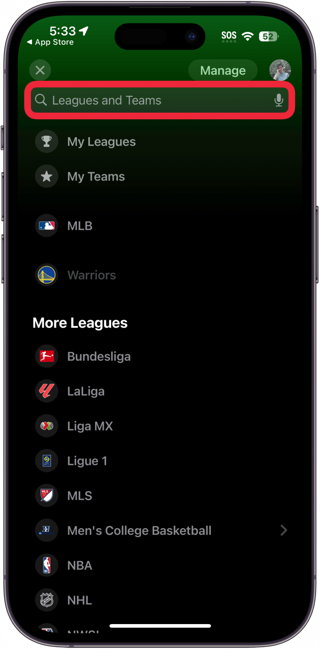 iphone sports app displaying leagues and teams with a red box around search bar