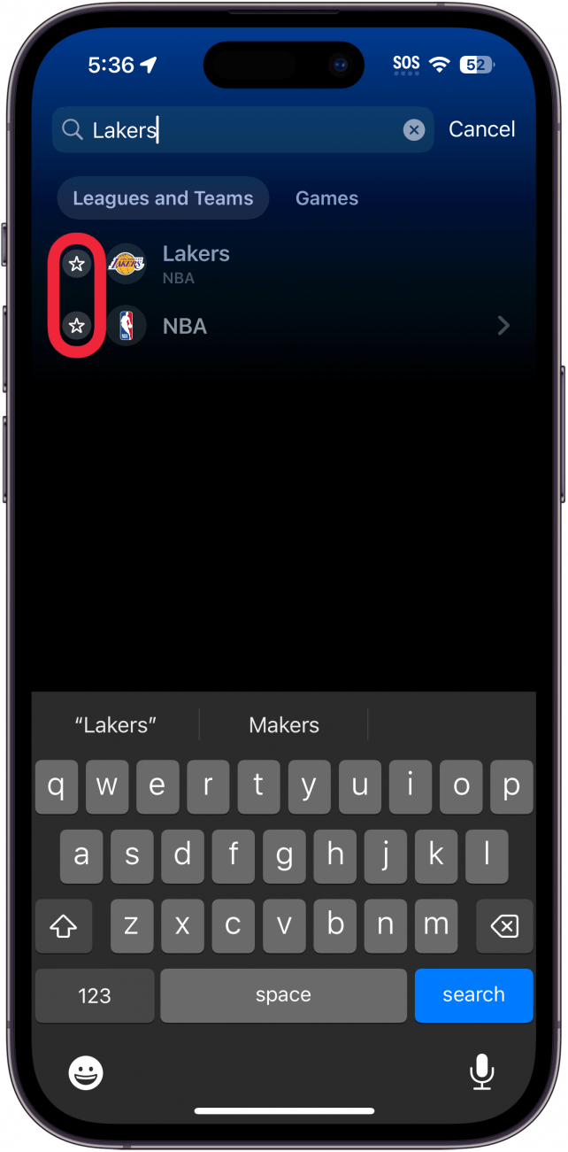 iphone sports app displaying search results with a red box around star icons