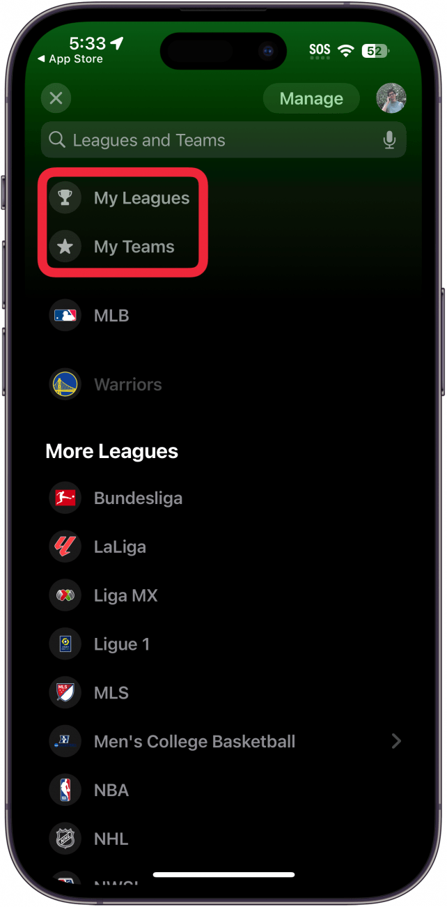 iphone sports app displaying leagues and teams with a red box around my leagues and my teams button