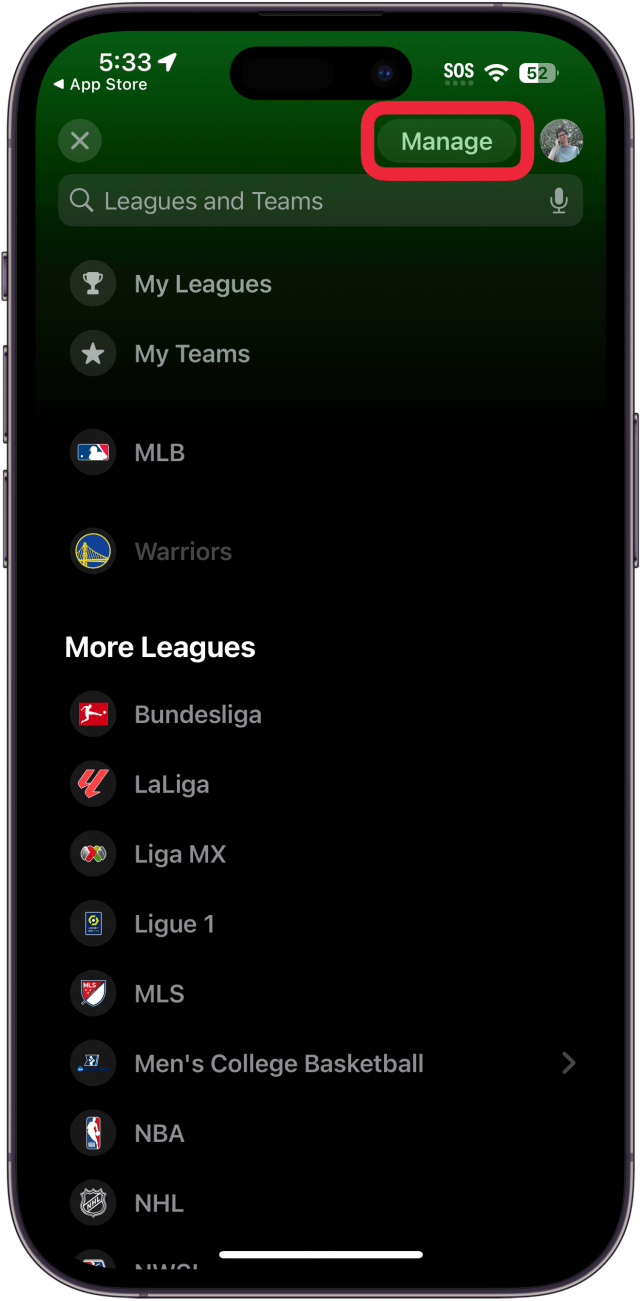 iphone sports app displaying leagues and teams with a red box around manage button