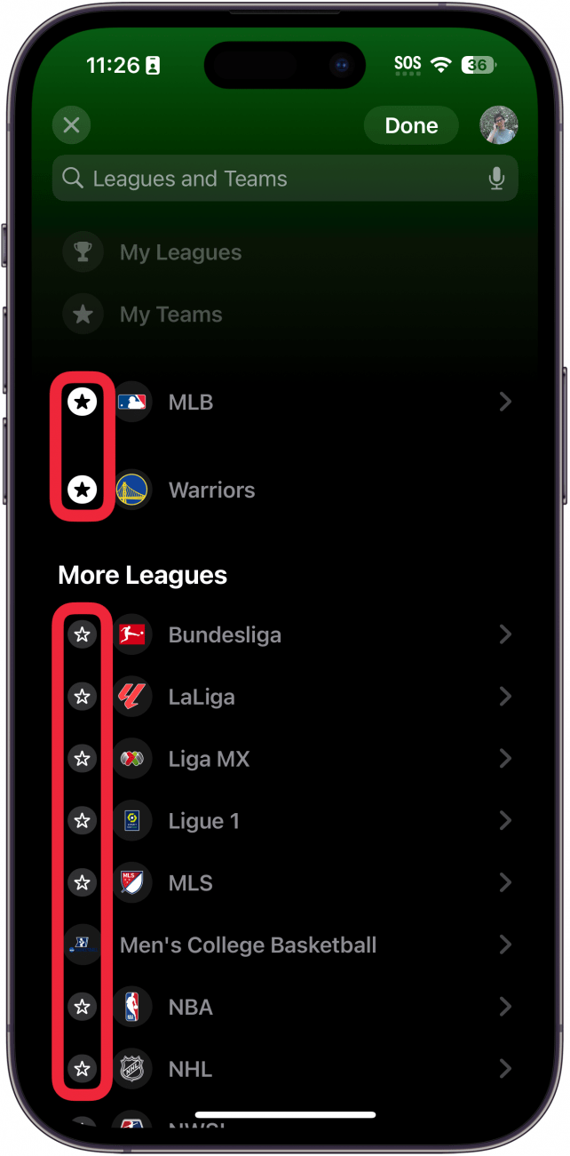 iphone sports app displaying leagues and teams with a red box around star icons