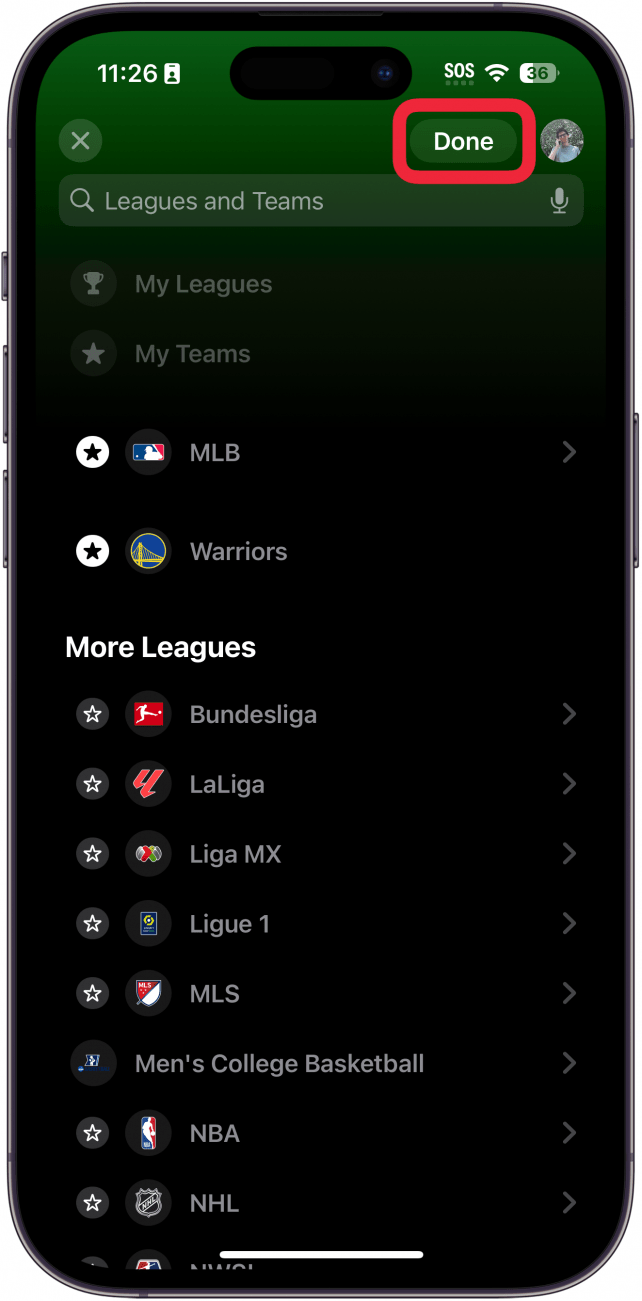 iphone sports app displaying leagues and teams with a red box around done button