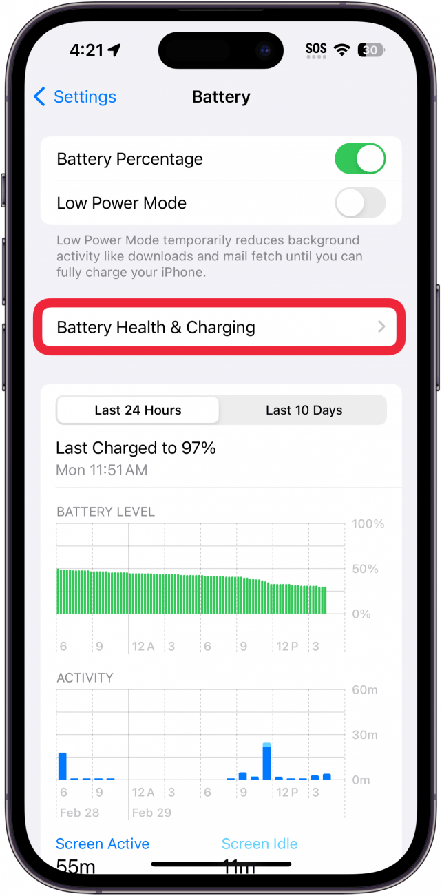 iphone battery settings with a red box around battery health