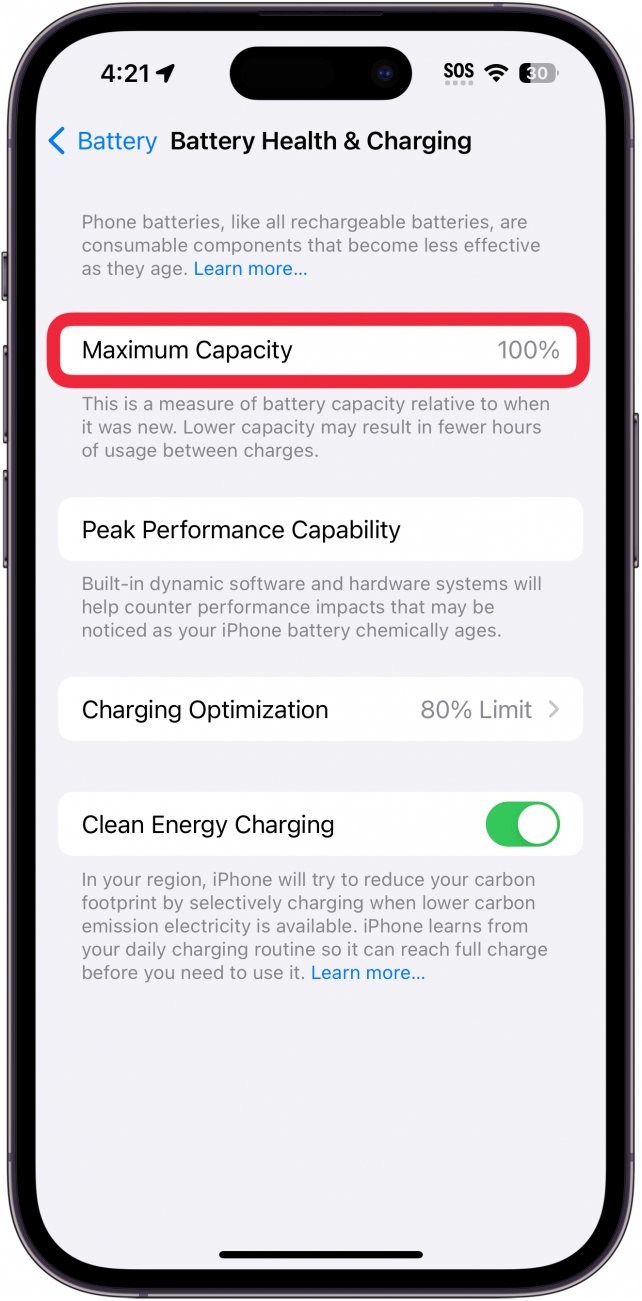 iphone battery health screen with a red box around maximum capacity which is at 100%