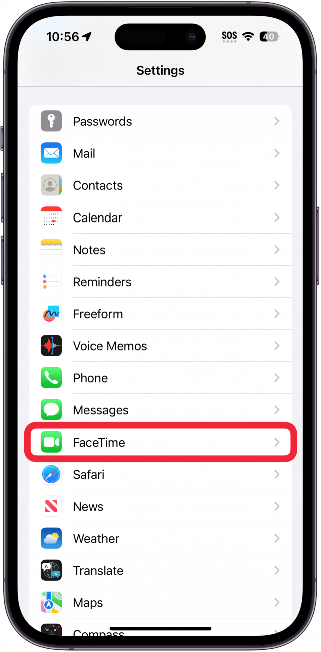 iphone settings app with a red box around facetime