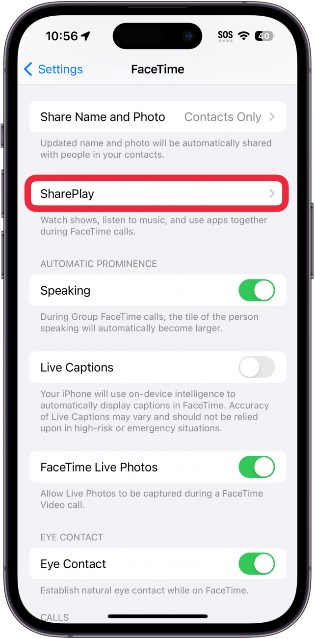 iphone facetime settings with a red box around shareplay