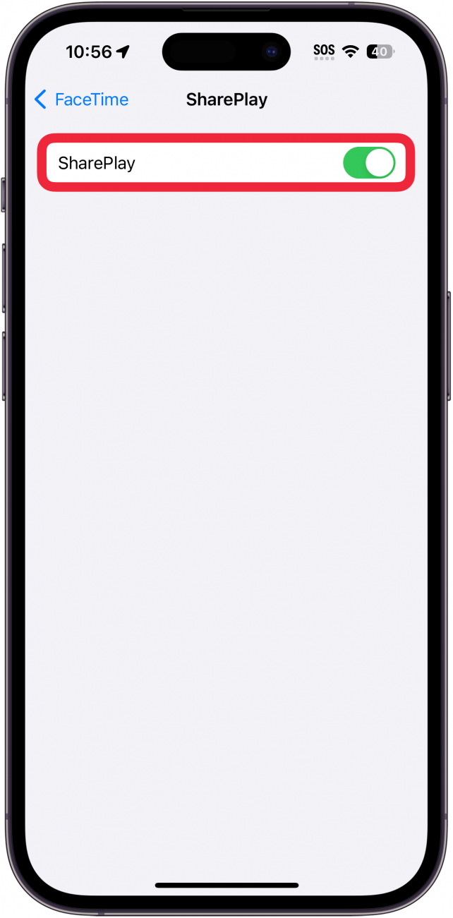 iphone shareplay settings with a red box around the shareplay toggle