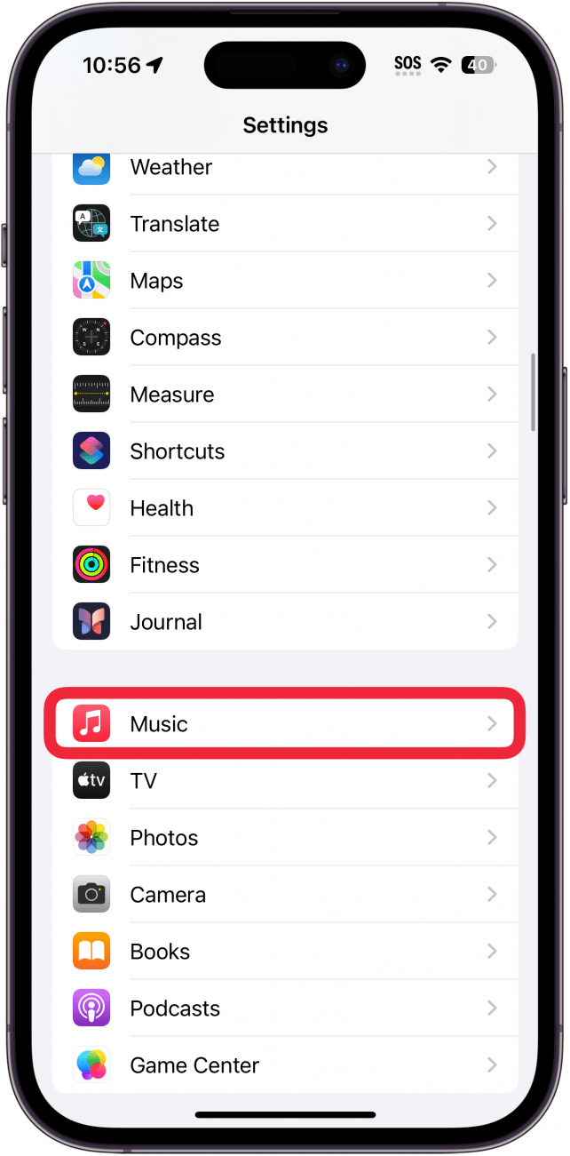 iphone settings with a red box around music