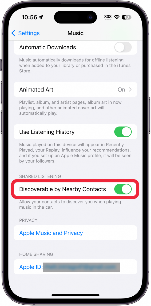 iphone music settings with a red box around the discoverable by nearby contacts toggle