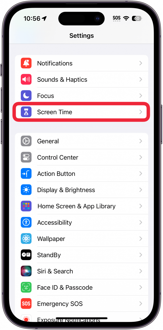 iphone settings with a red box around screen time