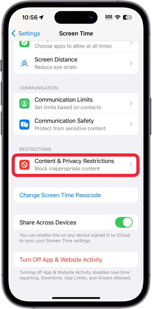 iphone screen time settings with a red box around content and privacy restrictions