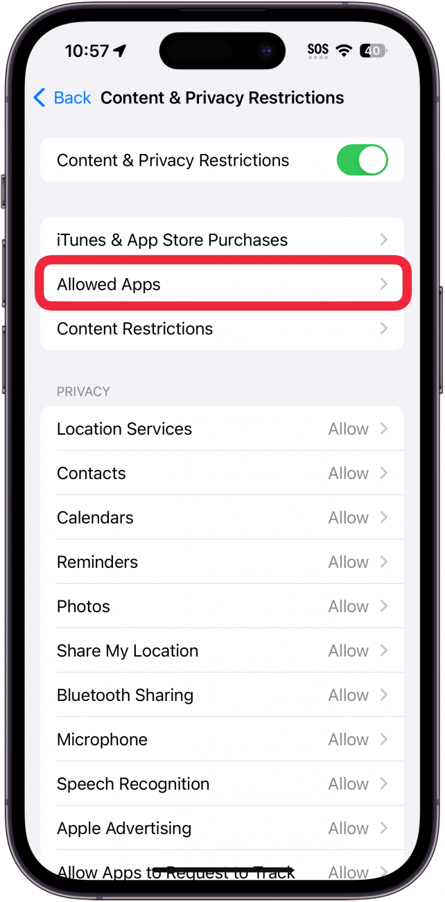 iphone screen time content and privacy restrictions settings with a red box around allowed apps