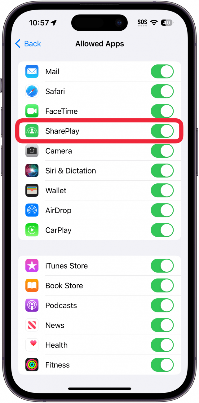 iphone screen time content and privacy restrictions settings with a red box around shareplay toggle