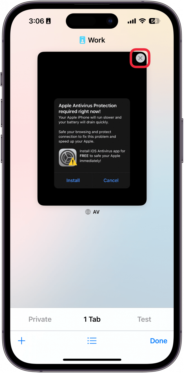 iphone open tabs with a red box around x button
