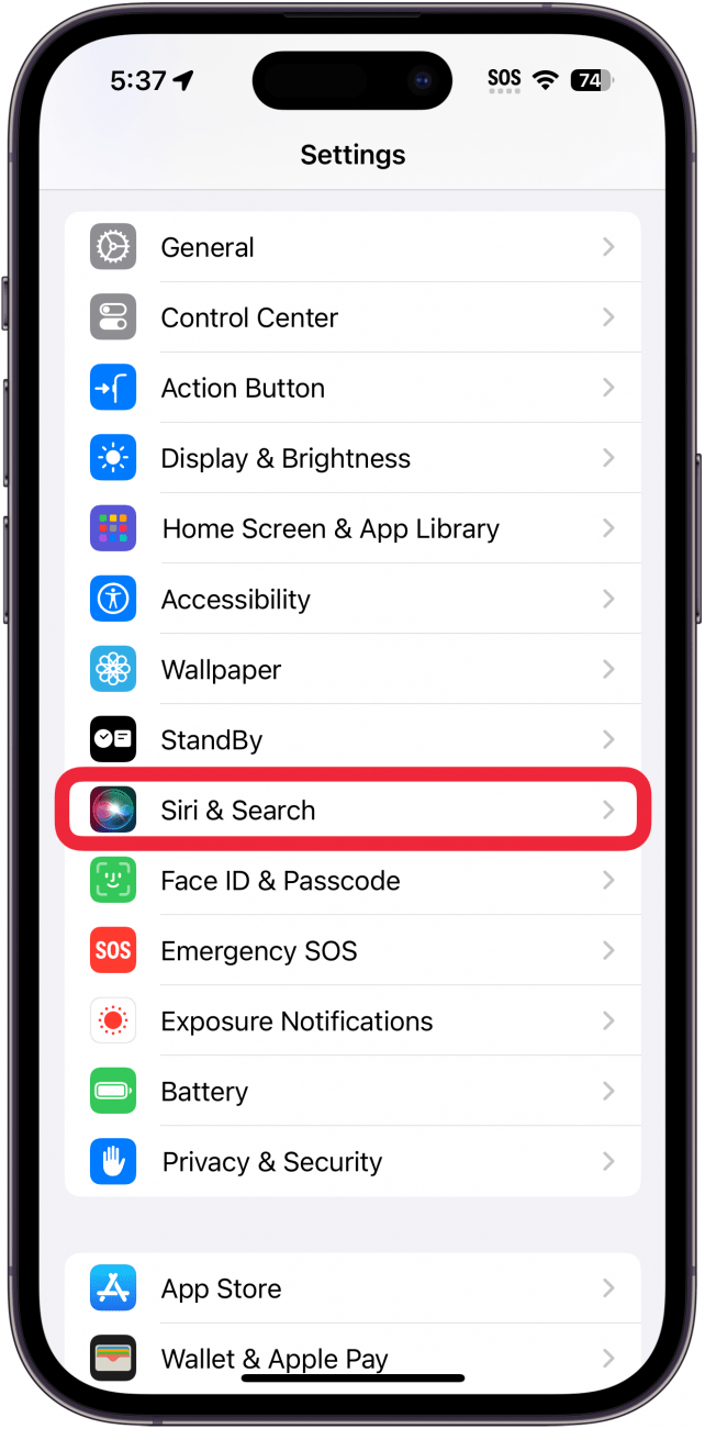 iphone settings with a red box around siri and search