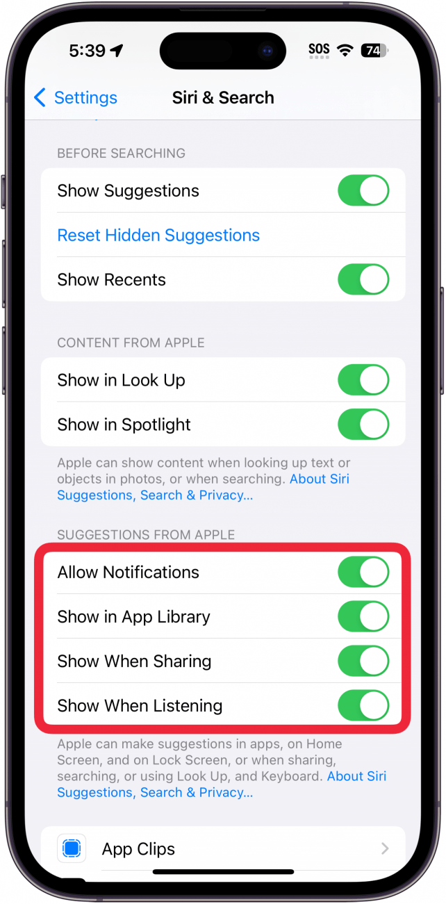 iphone siri and search settings with a red box around toggles for suggestions from apple