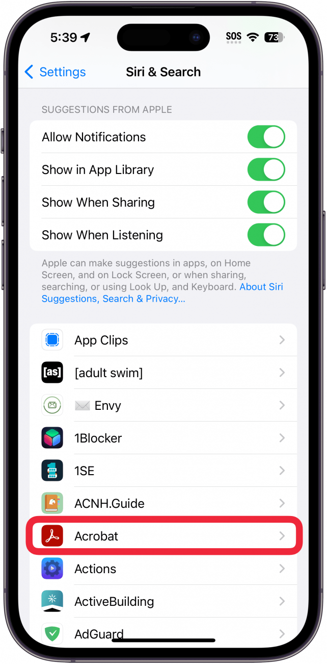 siri and search settings displaying app list with a red box around adobe acrobat app