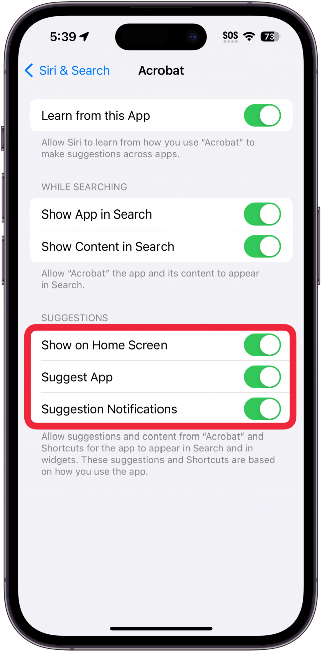 siri and search settings for adobe acrobat with a red box around toggles for suggestions