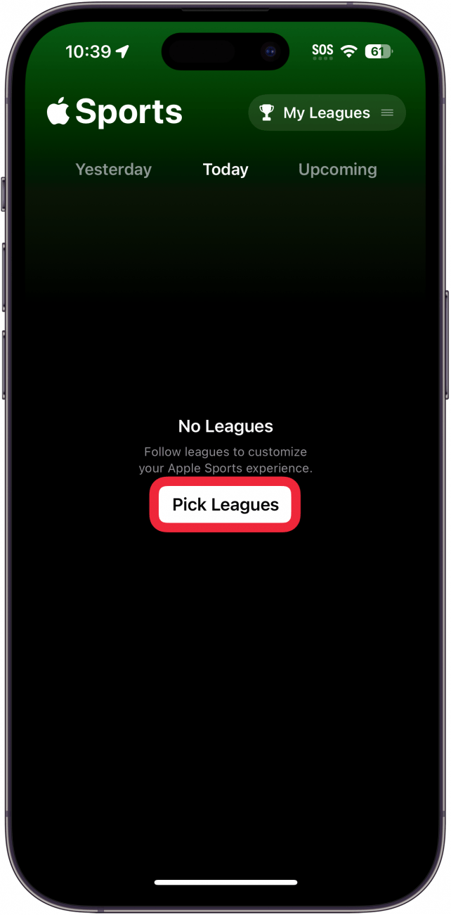 iphone sports app with a red box around the pick leagues button