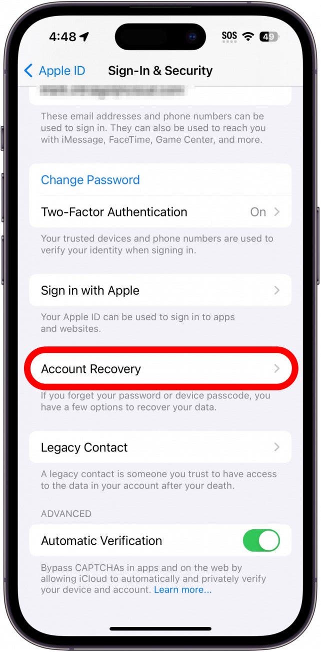 iphone apple id sign in and security settings with a red box around recovery contact option