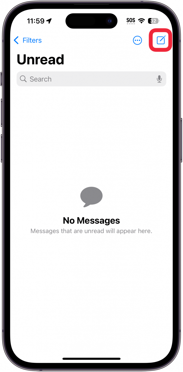 iphone messages app with a red box around the new message button