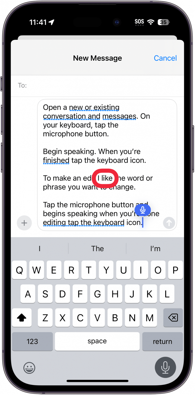 iphone new message screen with typed out message and a red box around a mistyped phrase, "I edit"