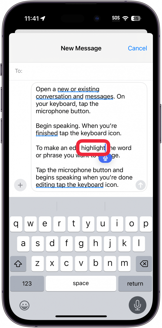 iphone new message screen with typed out message and a red box around a corrected word, "highlight"