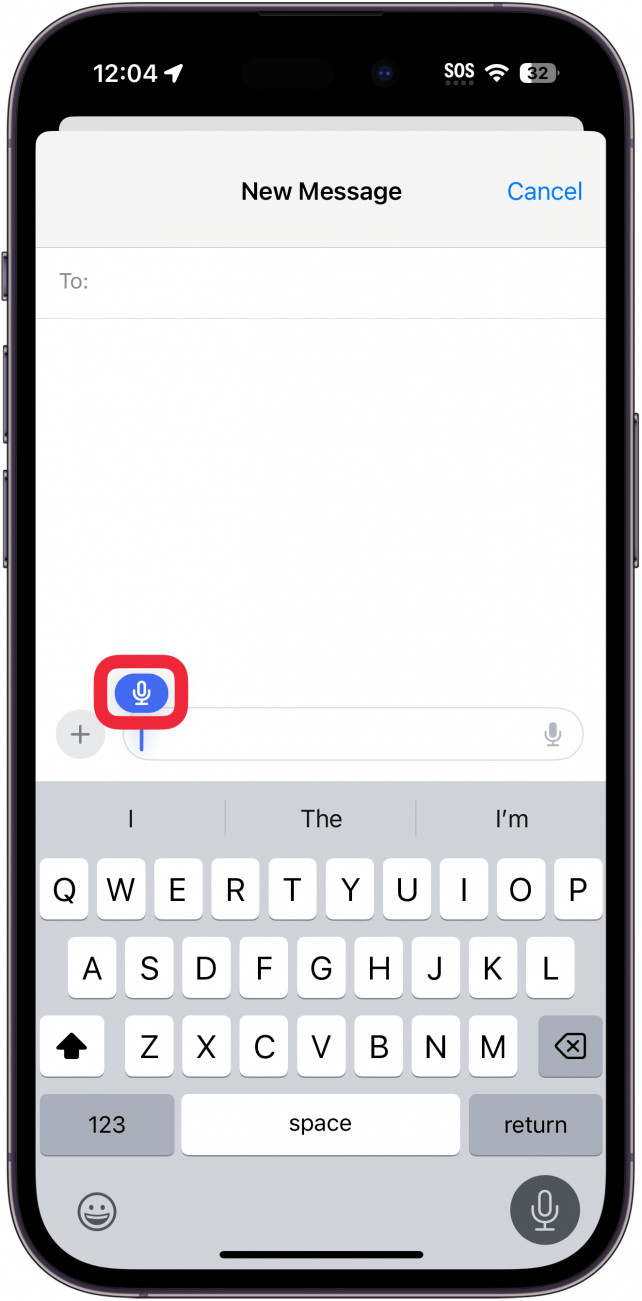 iphone new message screen with a red box around the blue dictation microphone icon