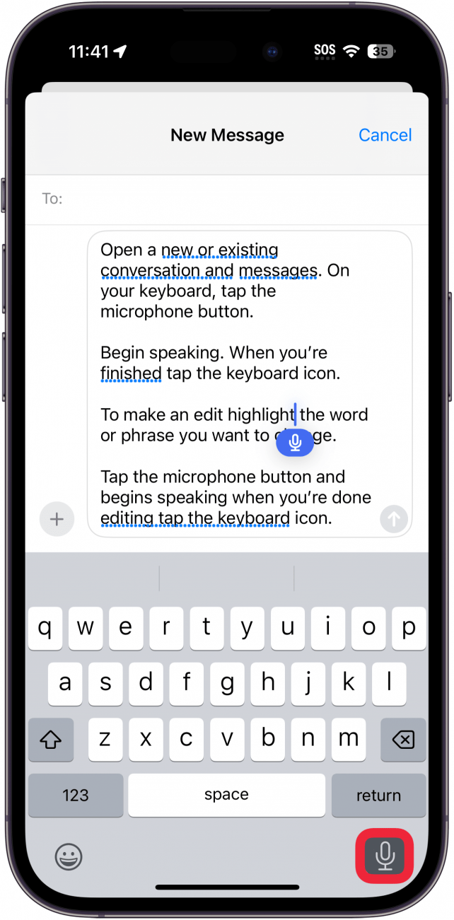 iphone new message screen with typed out message and a red box around the dictation microphone button