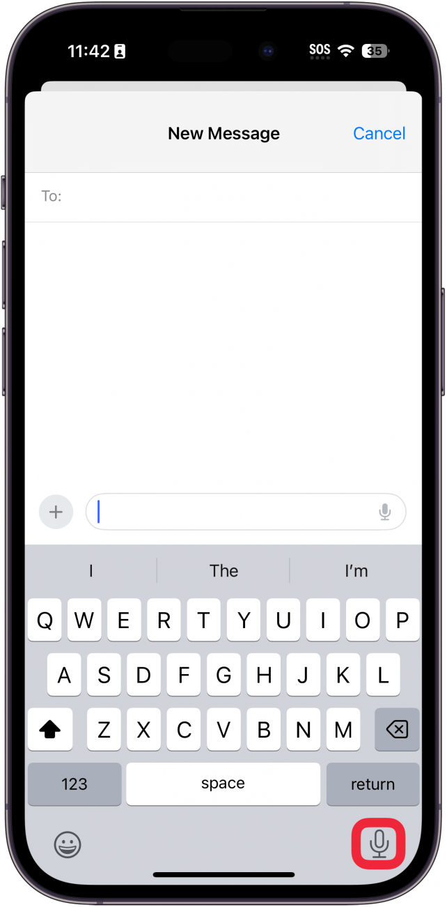 iphone new message screen with a red box around the keyboard dictation microphone icon