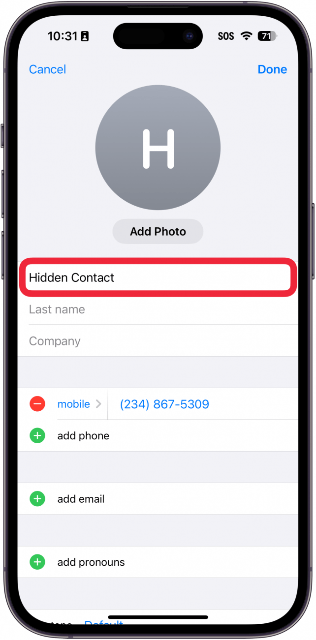 iphone edit contact menu with a red box around contact name