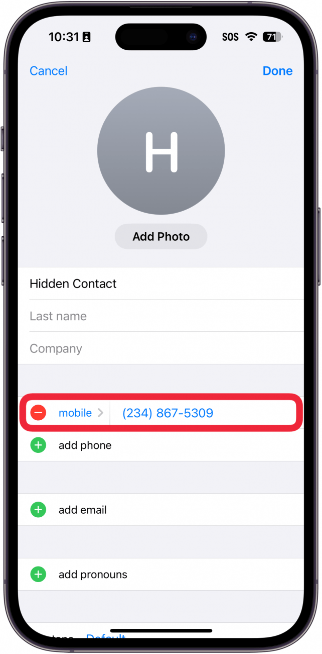 iphone edit contact menu with a red box around contact phone number