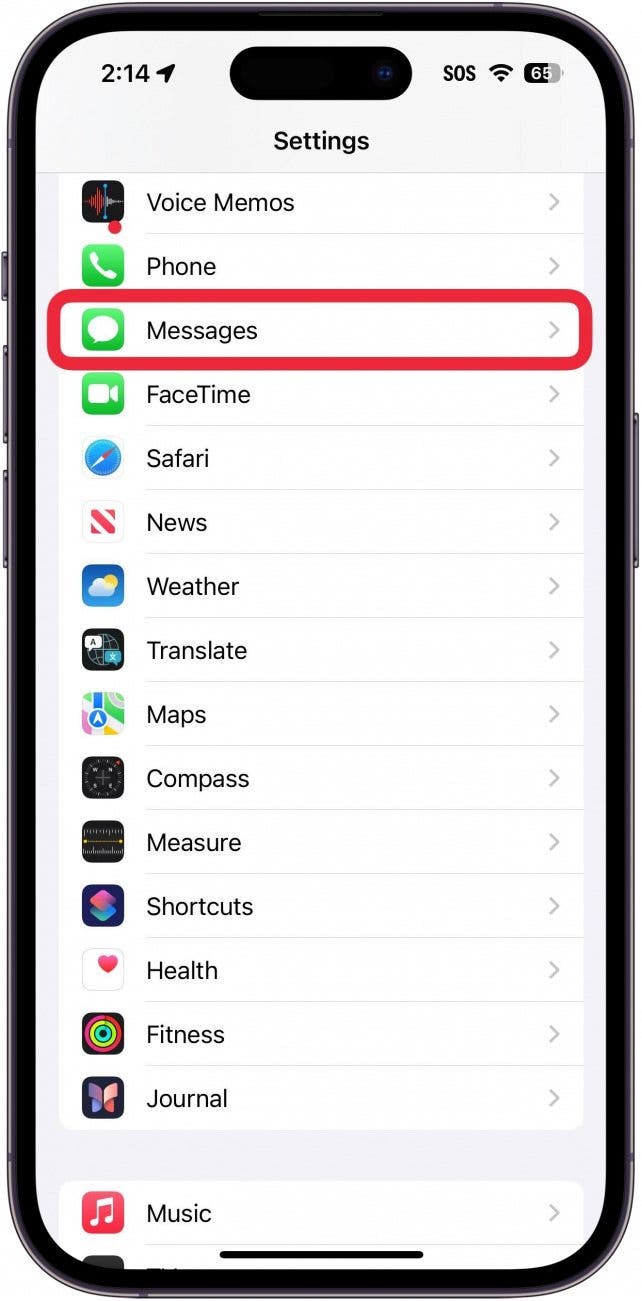 iphone settings with messages app outlined in red