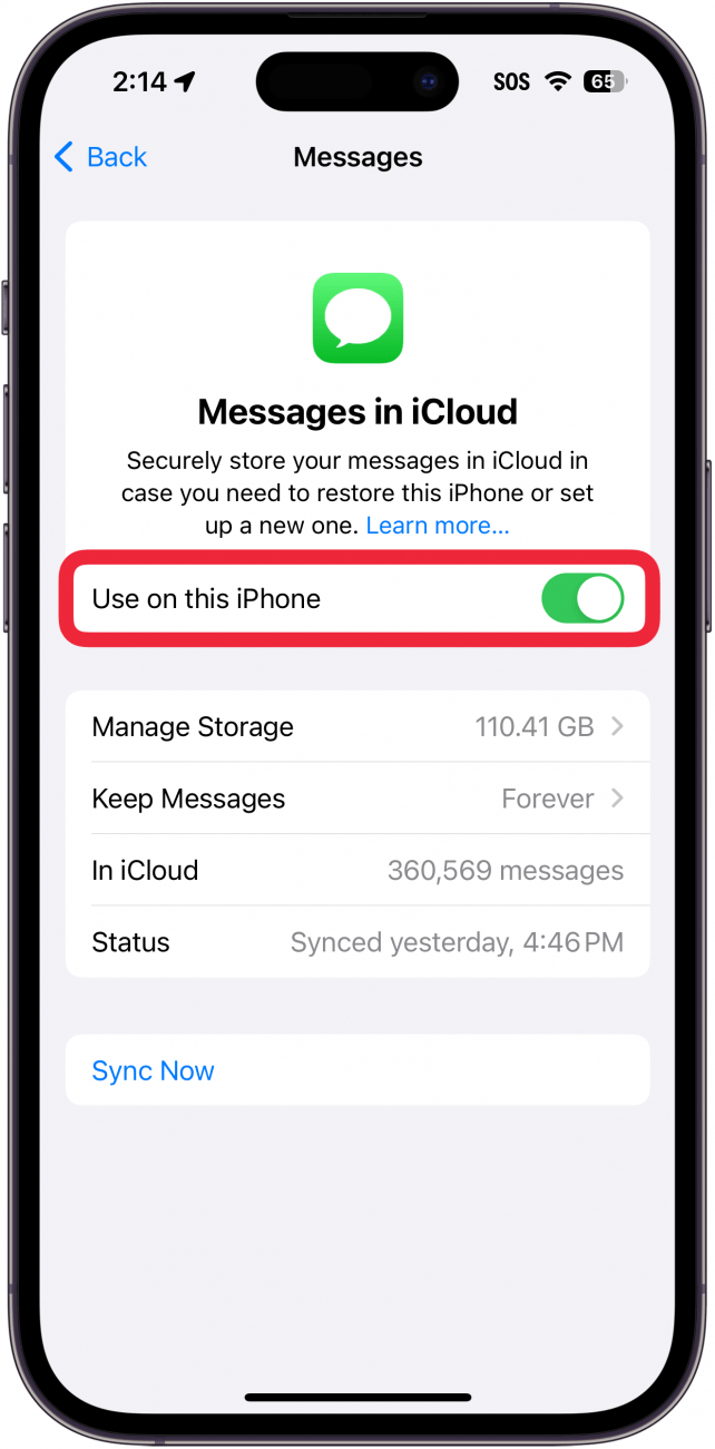 iphone messages in icloud settings with a red box around use on this iphone toggle