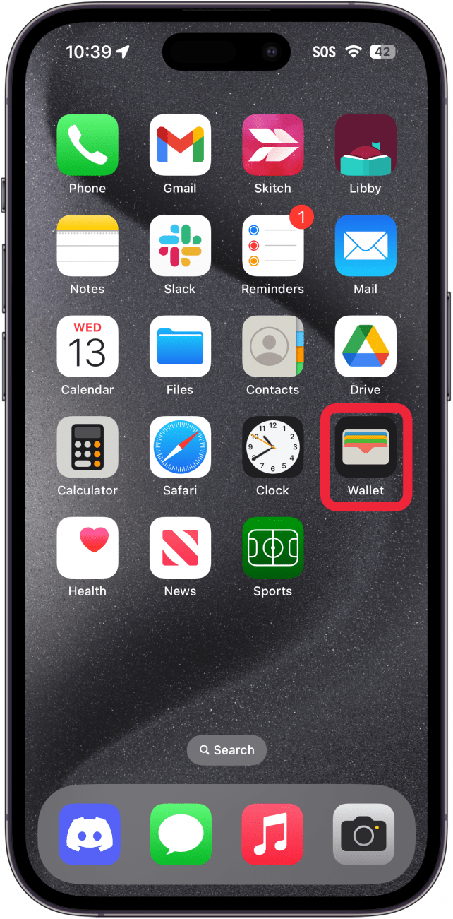 iphone home screen with wallet app circled in red