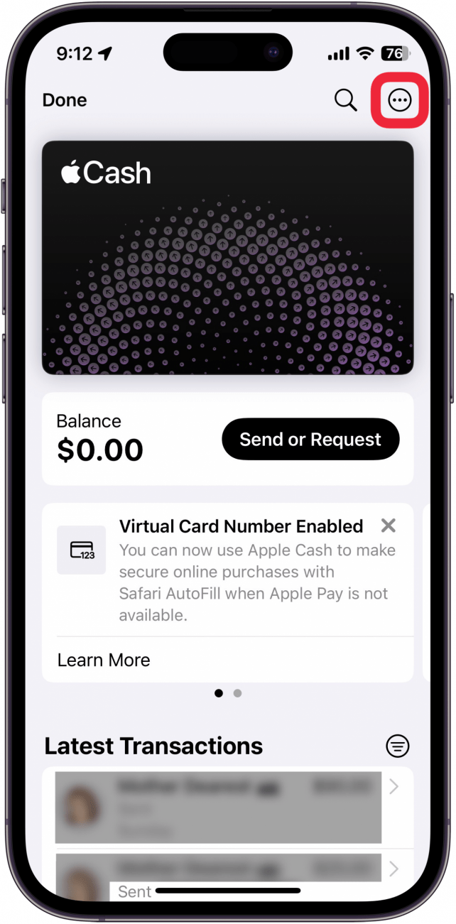 apple cash card screen in wallet app with a red box around three dot menu button