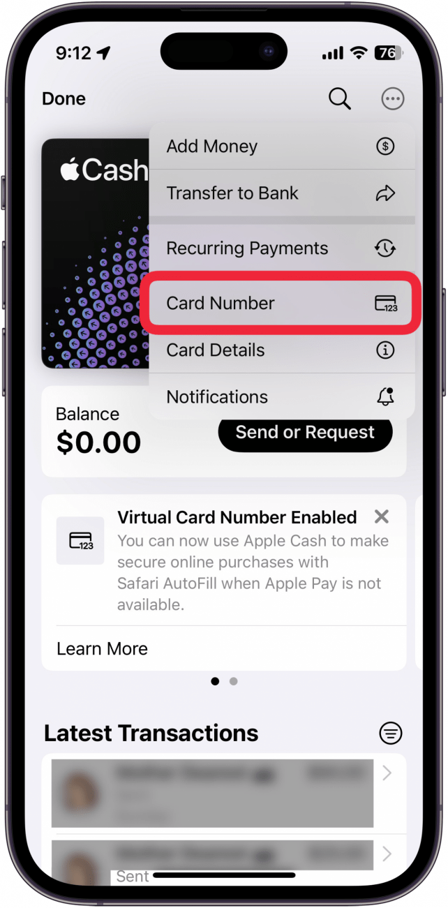 apple cash card screen in wallet app displaying the three dot menu with a red box around card number