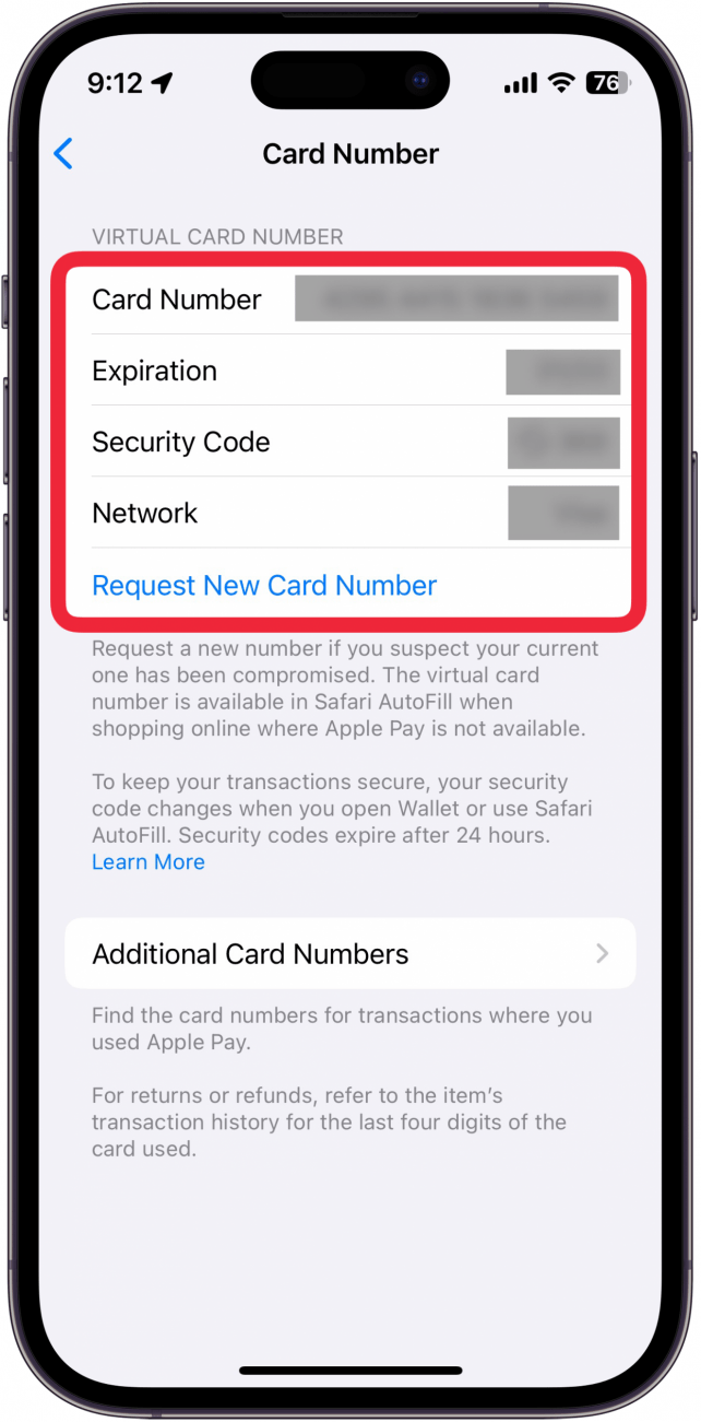 apple cash card number screen with a red box around card number, expiration date, and security code 