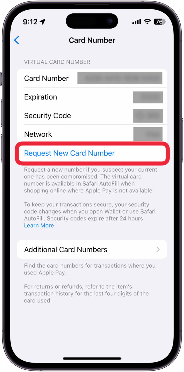 apple cash card number screen with a red box around request new card number button