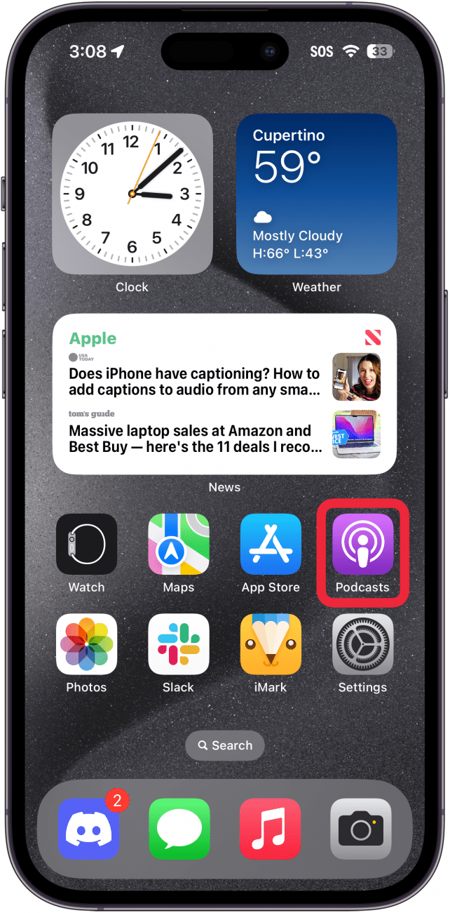 iphone home screen with a red box around podcasts app