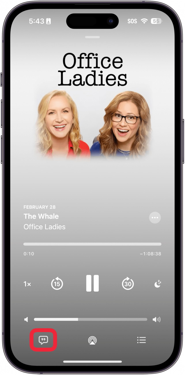 iphone apple podcasts now playing screen with a red box around transcript button