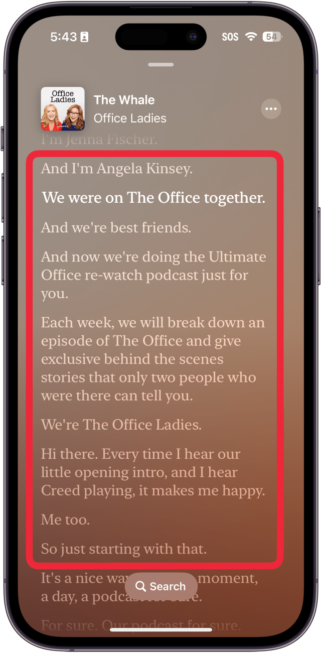 apple podcasts displaying a podcast transcript, with a red box around the transcript