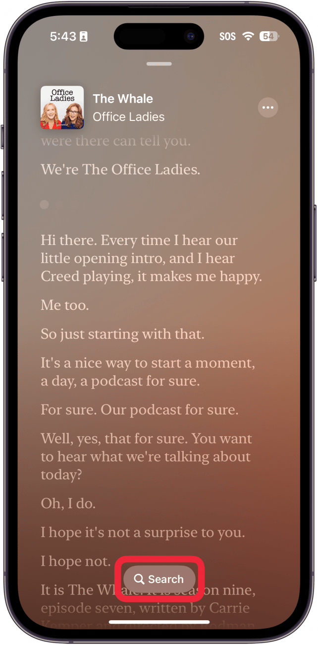 apple podcasts displaying a podcast transcript, with a red box around around the search button