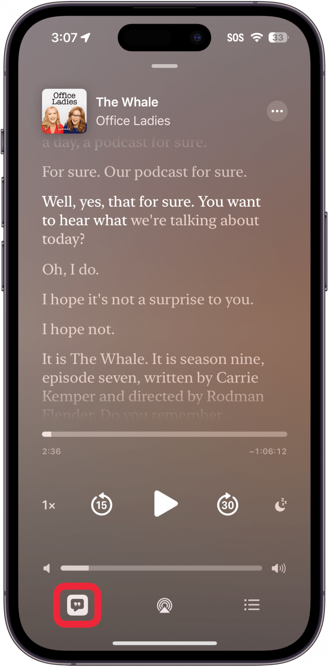 apple podcasts displaying a podcast transcript, with a red box around the transcript button